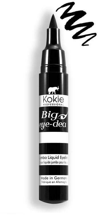 Een zwart-witte vloeibare ooglijntekening met een krullerige lijn erboven. Het etiket zegt 'Kokie Big eye-dea'.