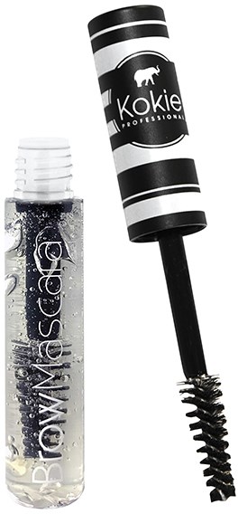Een doorzichtige tube met zwarte dop en vloeistof erin, naast een zwart-witte mascara-borstel met logo.