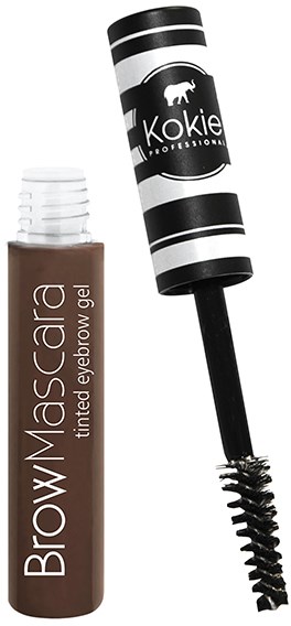 Ruskea rulla, jossa teksti 'Brow Mascara' ja valkoinen kansi, sekä mustavalkoinen sivellinlogo.