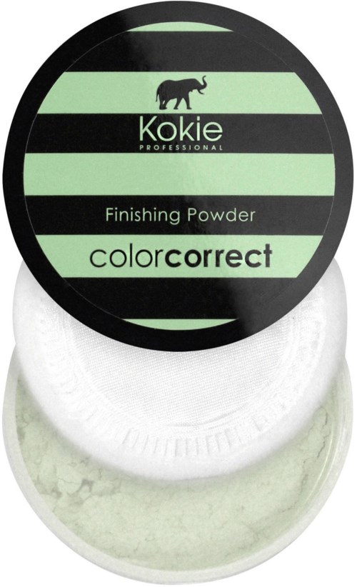 Ein runder Behälter mit einem schwarzen und grünen Etikett, das 'Kokie Professional Finishing Powder colorcorrect' liest.