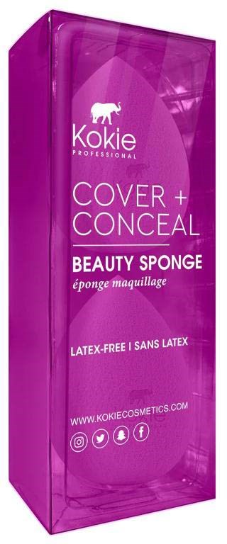 Paars doosje met witte tekst voor een beauty spons genaamd Kokie, latexvrij, en social media iconen onderaan.