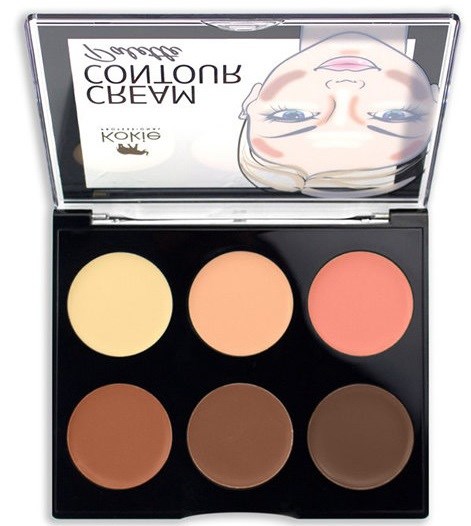 Sechs runde Makeup-Rouge in Gelb, Pfirsich, Rosa, Braun, Mittelbraun und Dunkelbraun. Kompakt mit Spiegel.