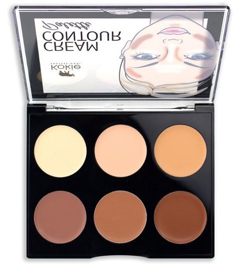 Een palette met zes make-up tinten en een spiegel die een gezicht en tekst toont. Er zijn lichte, medium en donkere kleuren.