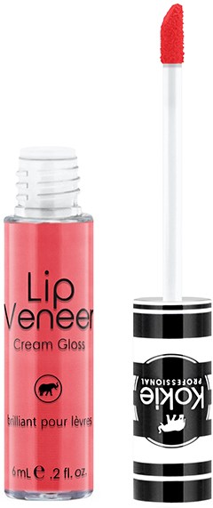 Pink lip gloss tube with a wand applicator, labeled 'Lip Veneer' and 'Cream Gloss'.