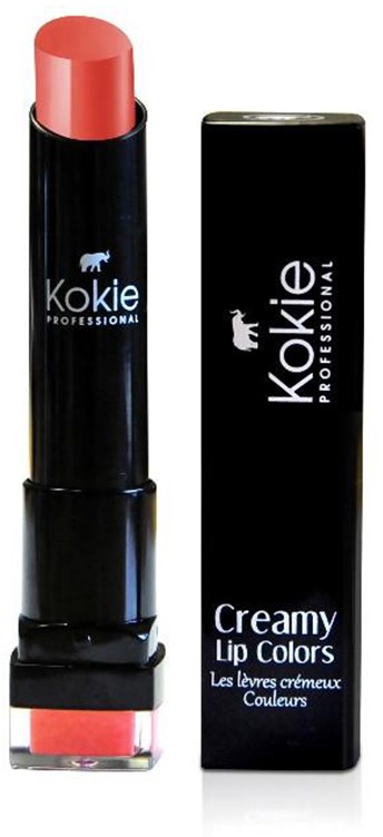 Pink läppstift från Kokia med svart förpackning, märkt som krämig läppfärg, med en matchande box.