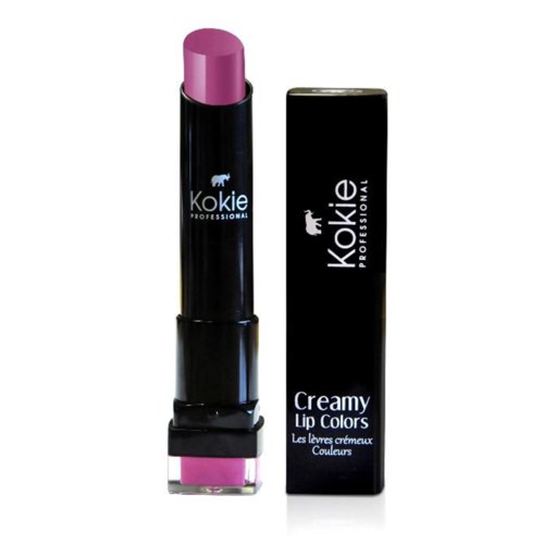 Ett rosa läppstift i ett svart rör med en matchande förpackning, märkt 'Kokie Professional Creamy Lip Colors'.