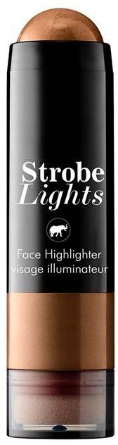 Ein Make-up-Stift mit schwarzen, braunen und beigen Teilen, beschriftet 'Strobe Lights Face Highlighter'.