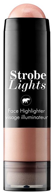 Een zwarte tube met een ronde top, getiteld 'Strobe Lights' en 'Face Highlighter', toont een beige cosmetisch product binnen.