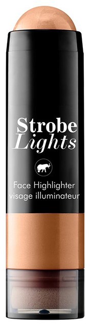 Schwarzer Highlighter-Container mit beiger Farbe, beschriftet 'Strobe Lights Face Highlighter'.
