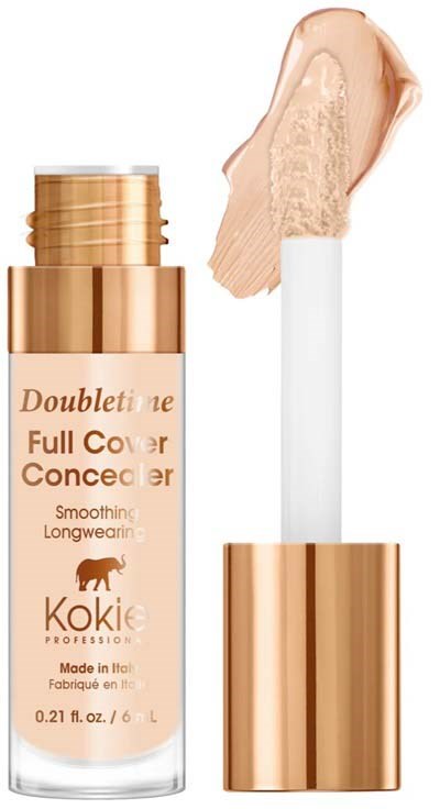 Concealer-Flasche mit Applikator, Farbe beige mit goldener Akzent, beschriftet "Doubletine Full Cover Concealer."