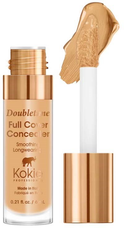 En beige concealerstift med vit handtag och roséguldslock, med produkten utstrålad ovanpå.