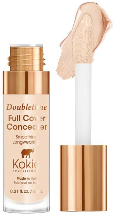 Eine beigefarbene Flasche mit Foundation, ein weißer Applikator und ein Make-up-Probe.