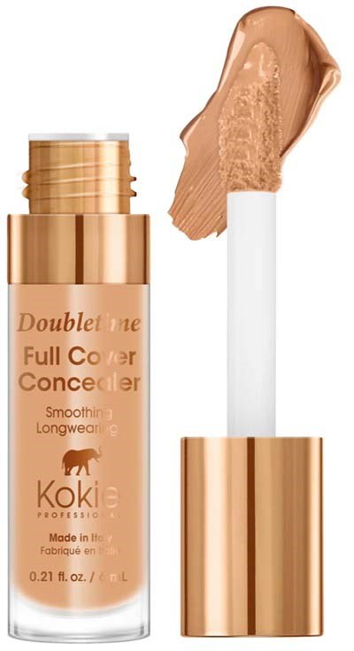 En beige flytande concealer med en vit applikatorstift och roséguld lock. Flaskan är märkta "Double Tone Full Cover Concealer."