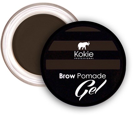 Ein schwarzer runder Behälter mit grauem Deckel, gekennzeichnet "Kokie Brow Pomade Gel," für Augenbrauen-Makeup.
