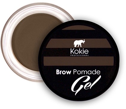 Ein schwarzer runder Behälter mit weißem Text und kleines Tierlogo, beschriftet "Brow Pomade Gel." Der Deckel ist offen.