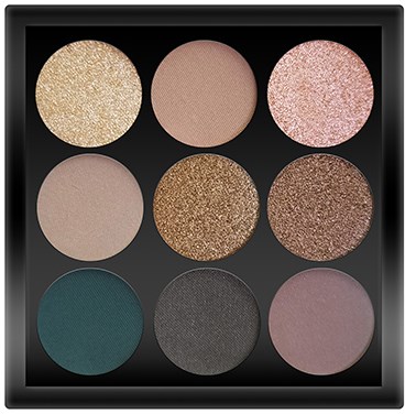 En palett med ni farger for øyeskygge med skinnende og matte nyanser i beige, brunt, rosa, blått og grått.