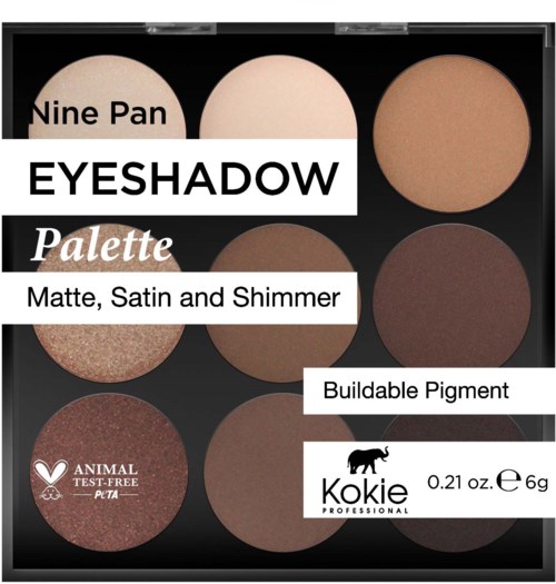 Palett med ni forskjellige øyenskygge nyanser, beskrevet som matte, satin og shimmer, i en kompakt form.