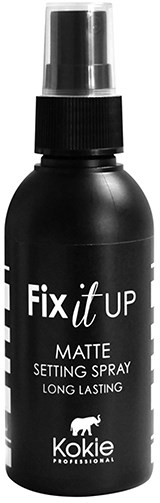 A black spray bottle labeled 'Fix it UP' for setting makeup, matte finish, long-lasting, brand is Koki.