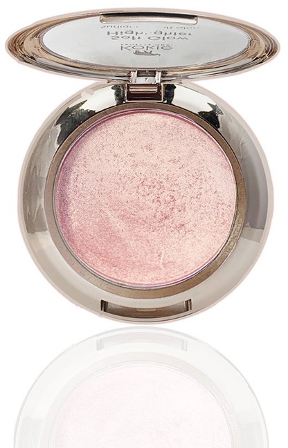 Ein runder Compact mit pink schimmerndem Make-up innen und einem glänzenden Silberdeckel. Der Deckel ist offen, zeigt das Produkt.