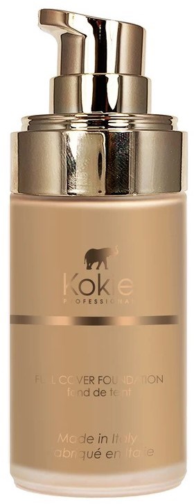 Beige nestesaippuapullo, jossa kullansävyinen pumppu ja elefantti-logo. Merkki on 'Koke'.