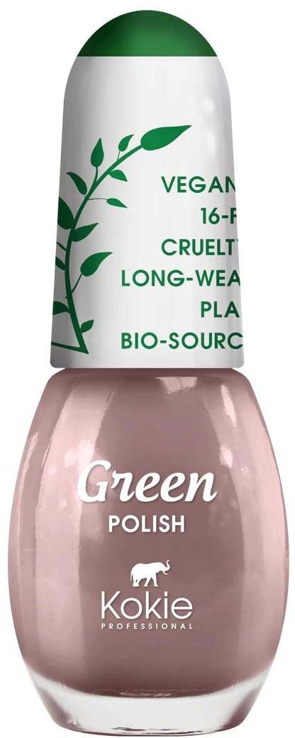 Ein Nagellackflasche mit grünem Deckel und Etikett, das vegane, tierversuchsfreie, langlebige und umweltfreundliche Eigenschaften erwähnt.