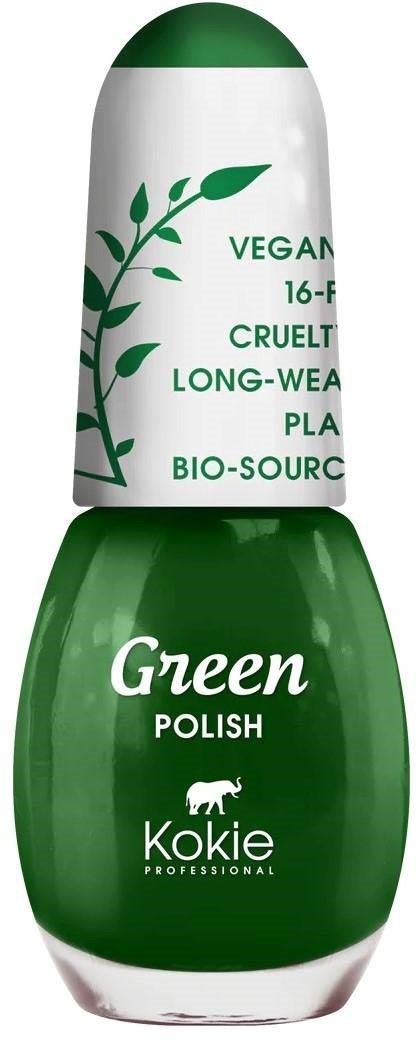 Veganer grüner Nagellackflasche mit Text zu cruelty-free, langanhaltend und Bio-Quelle Inhaltsstoffe, mit weißem Schaf-Logo.