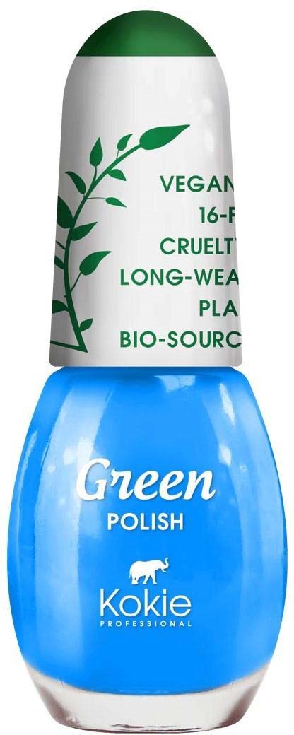 Grüne Nagellackflasche mit weißem Deckel und grüner-weißer Beschriftung, hebt vegane und tierschutzfreundliche Eigenschaften hervor.