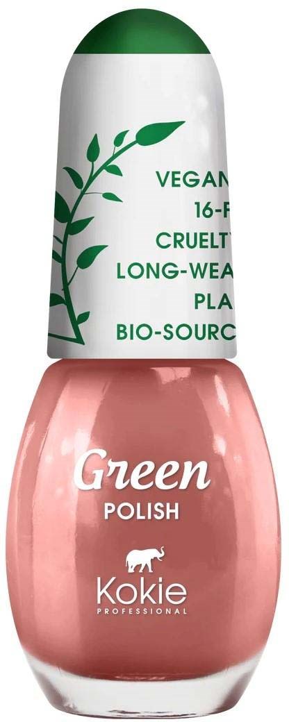 Eine rosa Nagellackflasche mit grün-weißer Kappe, gekennzeichnet 'Green Polish' von Kokie, vegan und tierversuchsfrei.