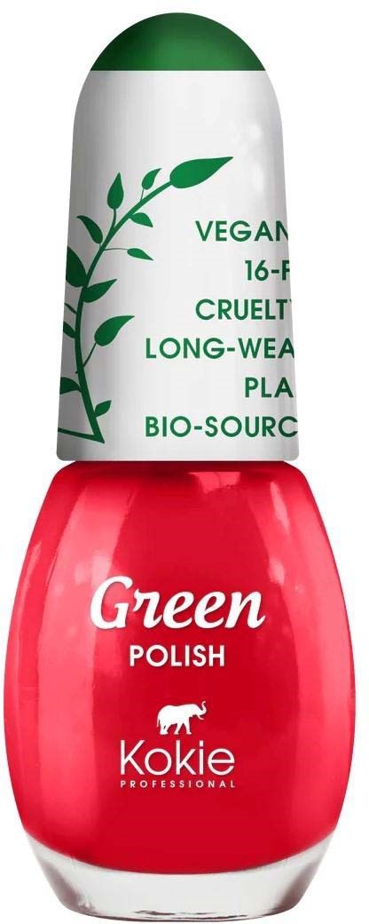 Zwei Nagellackflaschen, grün und rot, wobei das Grün vegane, tierversuchsfreie und biobasierte Eigenschaften hervorhebt.