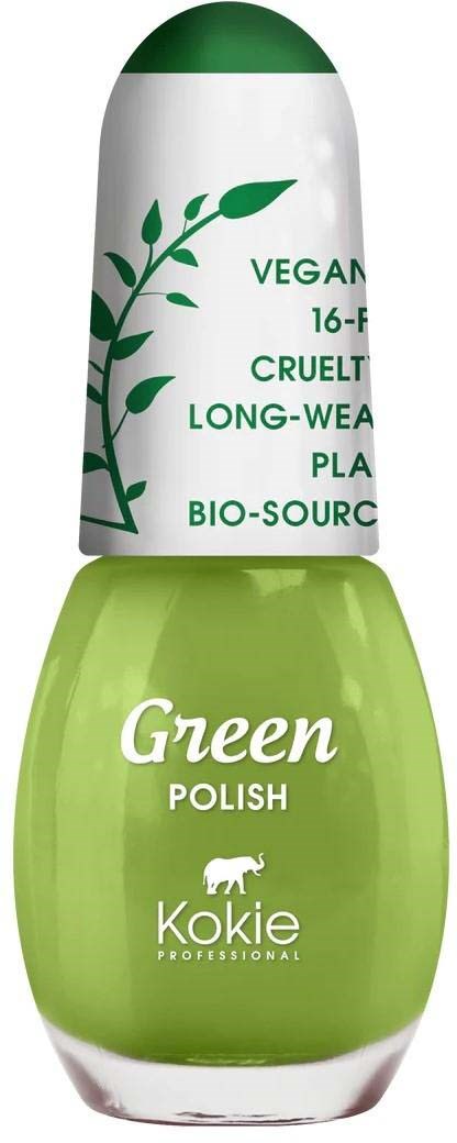 Grüner Nagellack in Flasche mit weißem Deckel, Etikett sagt vegan, tierversuchsfrei, langanhaltend, Bio-Quelle, Kokie-Marke.