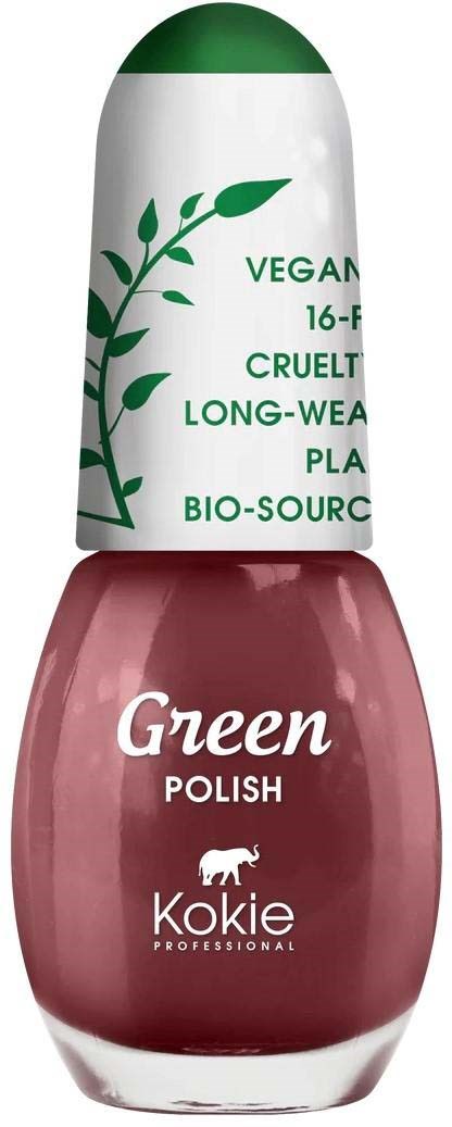 Ein Nagellackflasche mit rosa Farbe und grünem Deckel, mit Text über vegan, cruelty-free, langanhaltend, bio-Quelle.