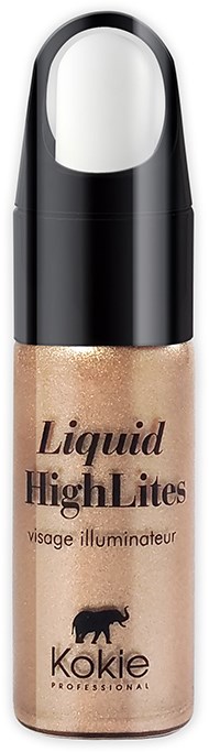 Flesje vloeibare highlighter met beige kleur en zwarte dop, gelabeld 'Liquid HighLites' door Kokie.