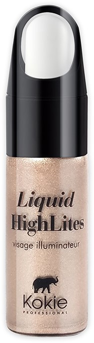 Eine Flasche flüssiger Highlighter für das Gesicht mit schwarzem und weißem Verschluss und beigefarbigem Schimmer im Inneren.