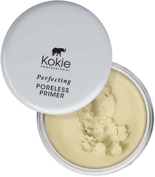 Ympyrämäinen rasia sisältää keltaista pohjustetta; kannessa on musta elefantti ja teksti 'Kokie Perfecting Poreless Primer.'