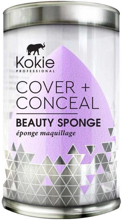 Een cilindervormige container met een paarse label voor een make-up spons, met een zwart olifantlogo en geometrisch ontwerp.