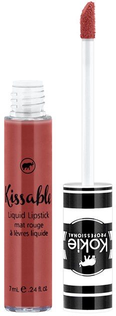 Ett läppglansrör med applicator; rosa färg, märkt "Kissable" och "KOKO" med svartvita mönster.