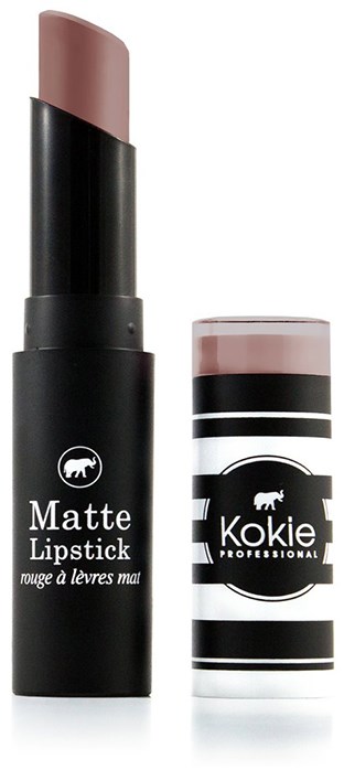 Matte leppestift med mørk tube og lys rosa topp, og en stripete beholder med merke Kokie.