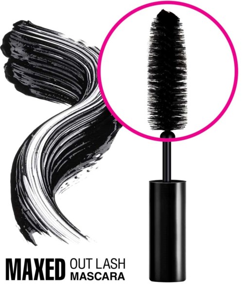 Mascara borst met zwarte mascara, enkele zwarte penseelstreken en de tekst 'Maxed Out Lash Mascara' in vetgedrukte letters.