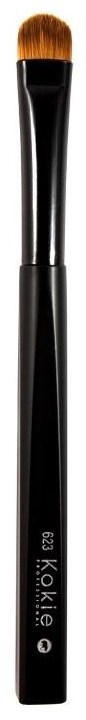 Make-up kwast met zwarte steel en bruine haren, gelabeld 'Kokli' en maat 63.