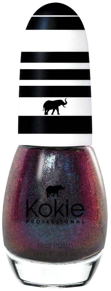 Ein Nagellackflasche mit schwarzen und weißen Streifen auf dem Deckel und Elefantenlogo auf der Flasche.