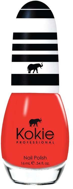 Rote Nagellackflasche mit schwarz-weiß gestreiftem Design und kleinem Elefantenlogo.