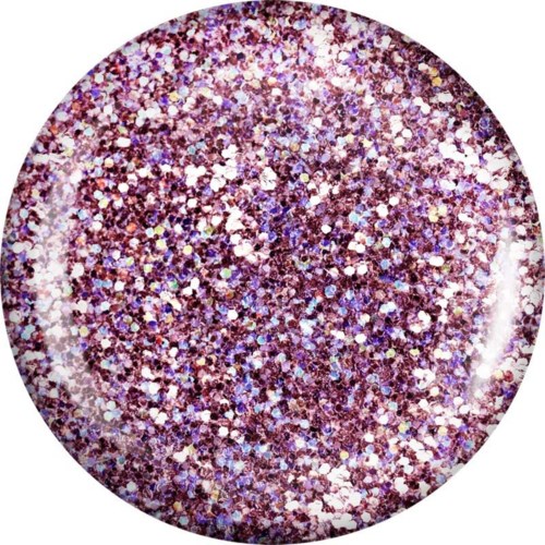 Ein runder Behälter mit glitzernden, multicolored Glitterpartikeln in Lila- und Pinktönen.