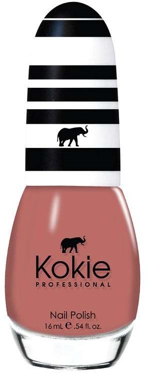 Ein Nagellackflasche mit schwarzen und weißen Streifen und einem kleinen Elefantenlogo, beschriftet 'Kokie Professional'.