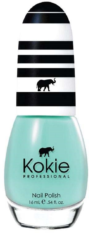 Ein Nagellackflasche mit schwarzen und weißen Streifen auf dem Deckel, hellblaue Farbe und ein kleiner Elefantenlogo.