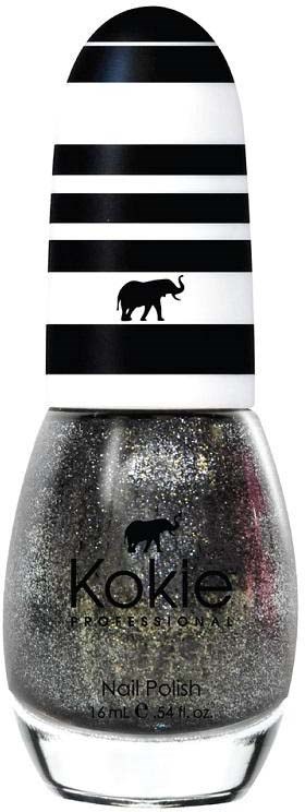 Ein glitzernder silberner Nagellackflasche mit schwarz-weißer gestreifter Kappe und Elefantenlogo.