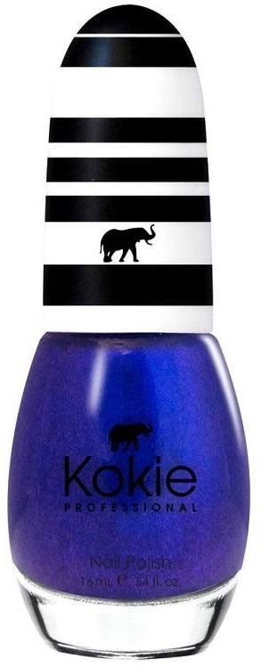 Blasige Nagellackflasche mit schwarzen Elefantenlogo und gestreiftem Deckel. Text lautet "Kokie Professional."