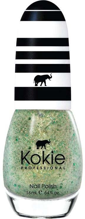 Ein Nagellackflasche mit schwarzen und weißen Streifen auf dem Deckel und einem Elefantenlogo auf dem grünen Glitzerlack.