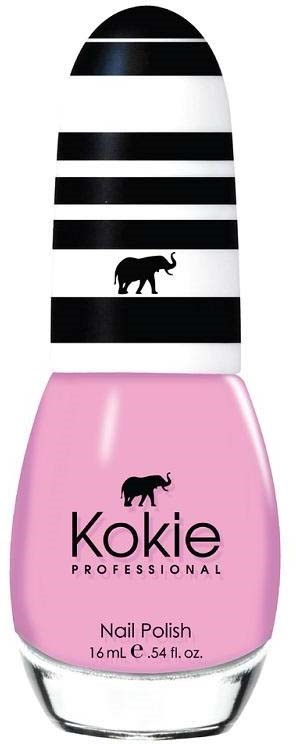 Rote Nagellackflasche mit schwarzem Elefantenlogo und gestreiftem Deckel. Marke ist 'Kokie Professional.'