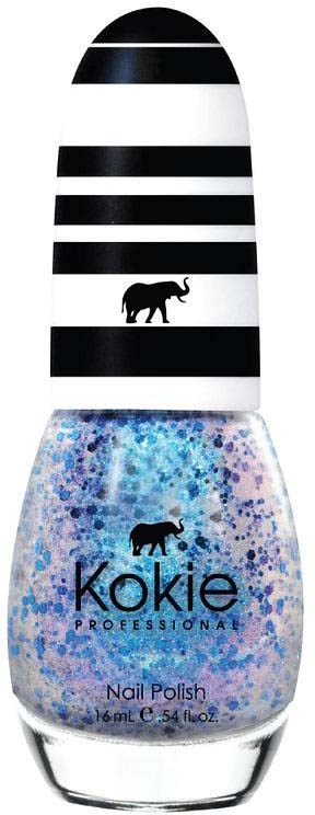 Eine Nagellackflasche mit blauen Glitzer, ein schwarzes Elefantenlogo und ein schwarz-weiß gestreifter Deckel.