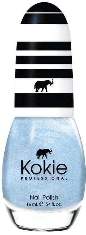 Eine Flasche hellblauer Nagellack mit schwarzem und weißem gestreiftem Deckel und einem kleinen Elefantenlogo.